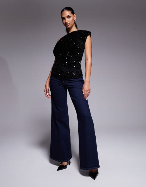River Island velvet sequin draped top in black , 3 of 4