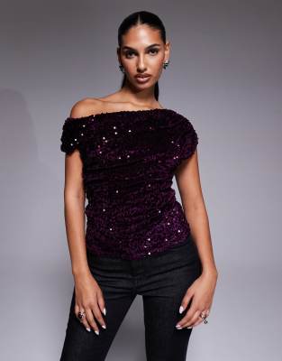 River Island Velvet Sequin Draped Top In Purple