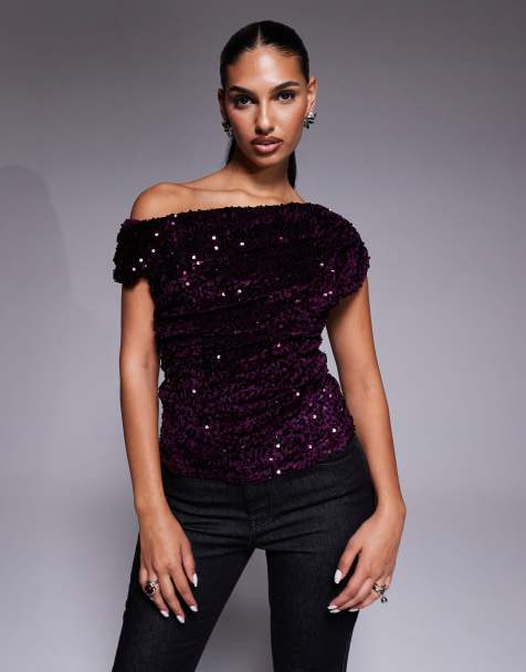 River Island velvet sequin draped top in burgundy - view 1