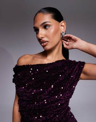 River Island Velvet Sequin Draped Top In Purple