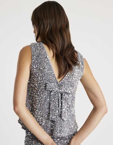 River Island Velvet sequin sleeveless bow back top in silver - view 1