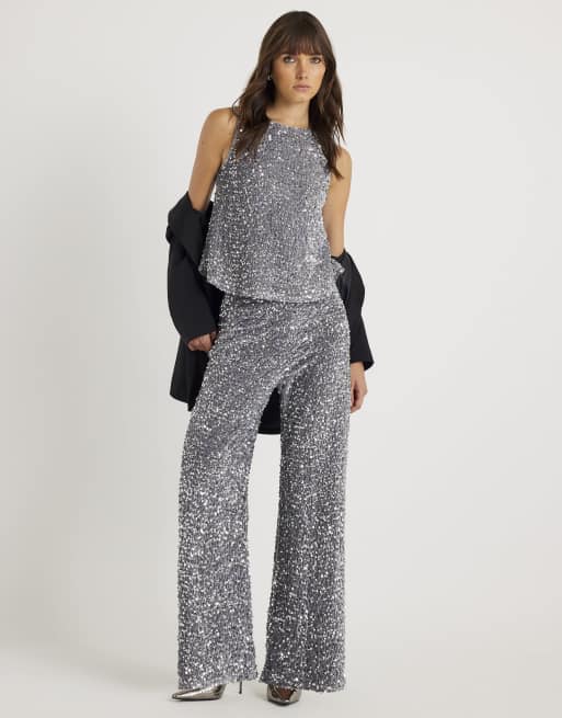 River Island Velvet sequin sleeveless bow back top in silver, 3 of 4