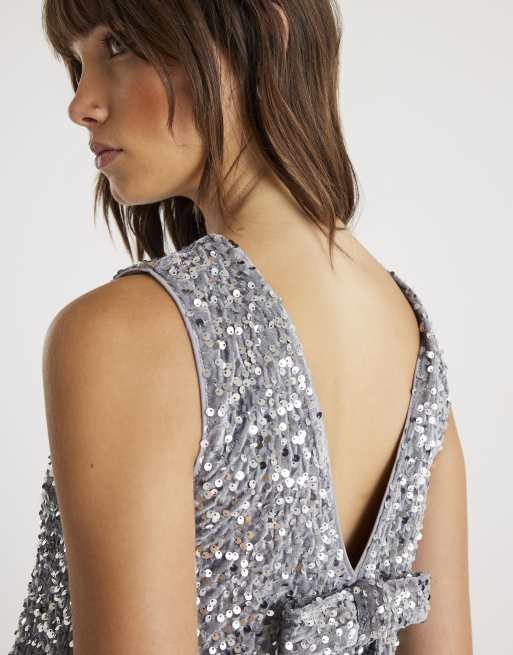 River Island Velvet sequin sleeveless bow back top in silver, 4 of 4