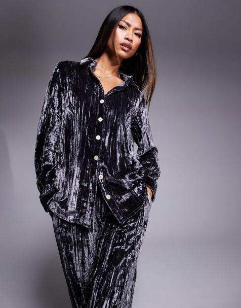 River Island velvet shirt co-ord in grey - view 1