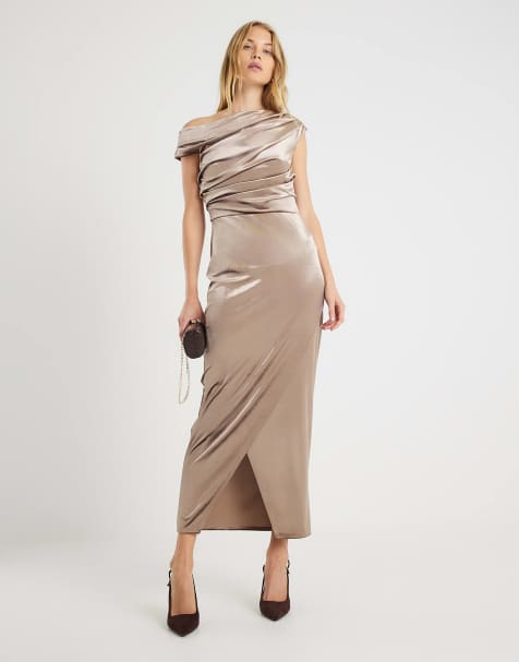 River Island Velvet sleeveless drape midi dress in brown - light