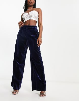 River Island velvet wide leg dad pants in navy