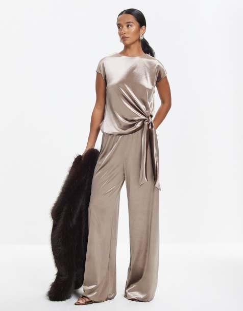 River Island Velvet wide leg joggers in brown - light - view 1