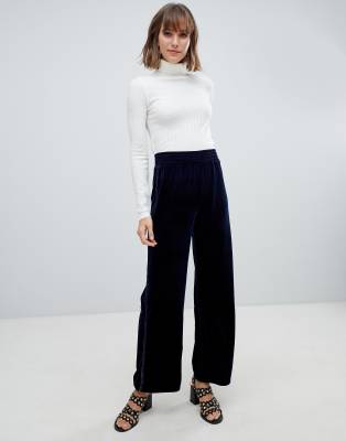 navy velvet wide leg trousers