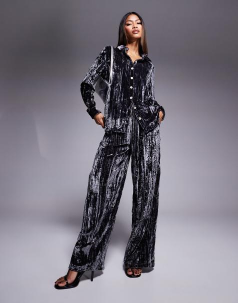 River Island velvet wide leg trouser co-ord in grey