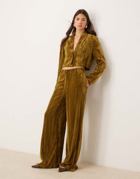 River Island velvet wide leg trouser co-ord in olive - view 1