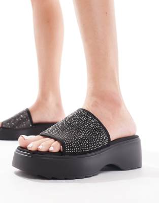 River Island - Verzierte Mules in Schwarz mit flacher Plateausohle