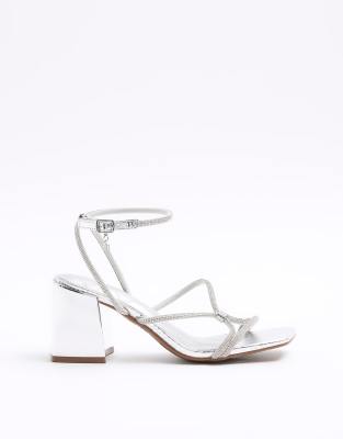 River Island - Verzierte Riemchensandalen in Silber mit Absatz