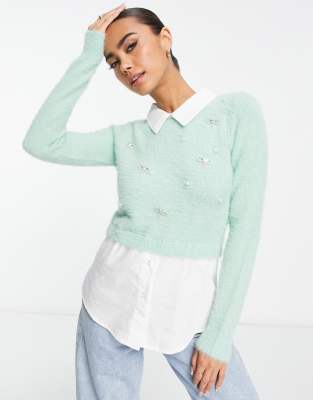 River Island - Verzierter flauschiger Hybrid-Pullover in Hellgrün