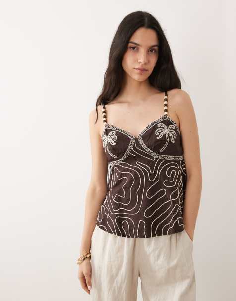 River Island – Verziertes Camisole-Oberteil in Braun - view 1