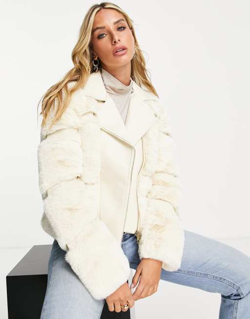 River Island - Veste style motard en fausse fourrure à empiècements - Crème