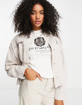 River Island denim cropped workers jacket in cream - ASOS Price Checker