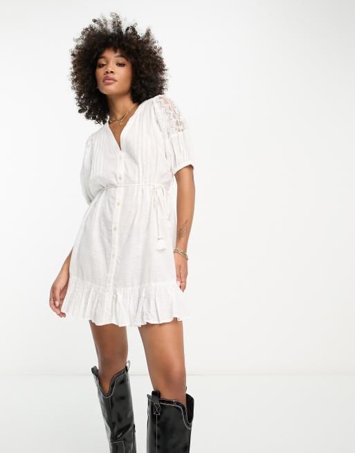 River Island - Vestito camicia corto bianco con dettaglio in pizzo 