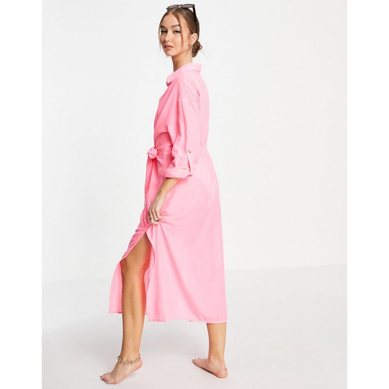 Donna Moda mare River Island - Vestito camicia lungo rosa annodato sul davanti