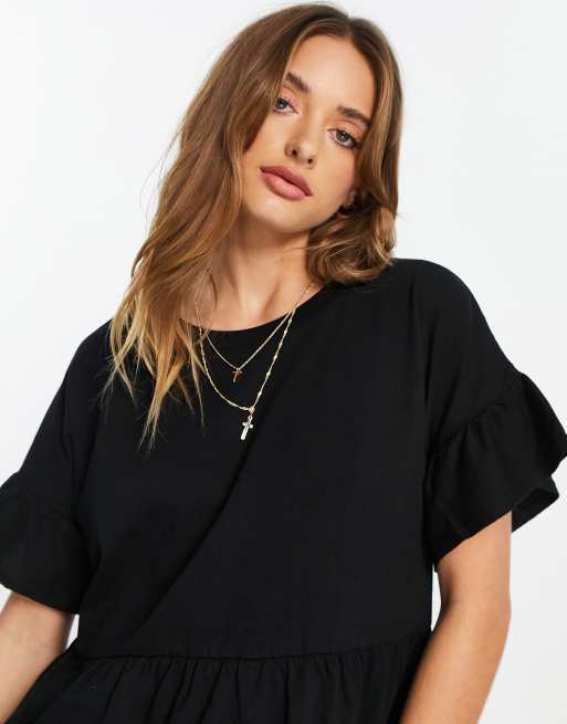 River Island - Vestito corto grembiule T-shirt nero con volant, 4 di 4