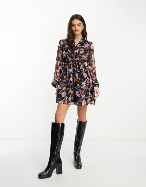 River Island - Vestito floreale nero a portafoglio allacciato in vita