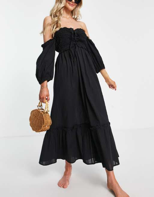 River Island - Vestito grembiule midi da mare arricciato con scollo alla Bardot, colore nero