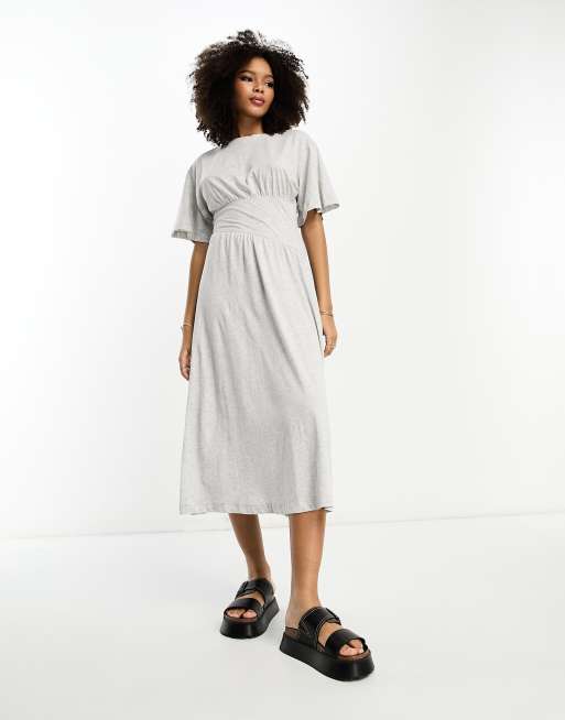 River Island - Vestito grembiule midi in jersey grigio chiaro stretto in vita, 4 di 4
