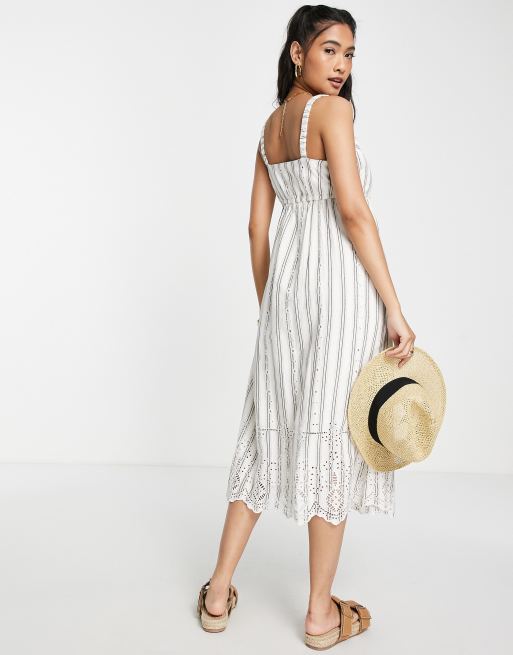 River Island - Vestito grembiule sottoveste midi color crema a righe con pizzo, 2 di 4