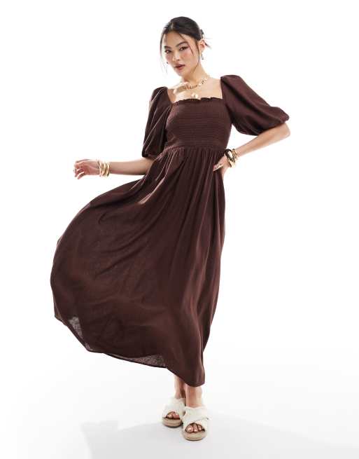 River Island - Vestito in lino con maniche a sbuffo marrone