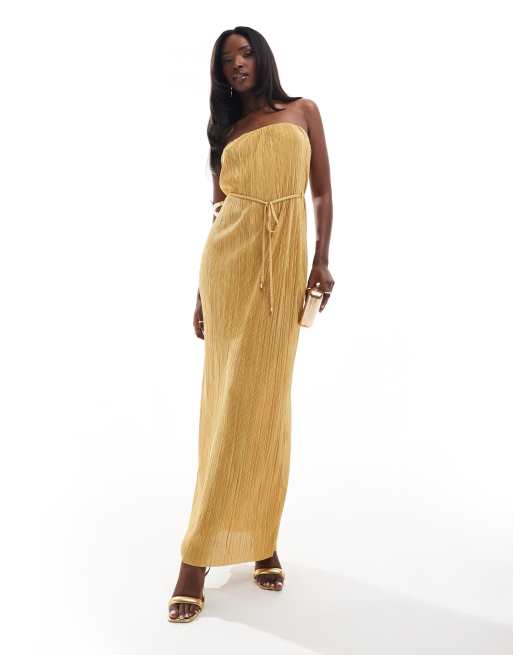 River Island - Vestito lungo a fascia plissé color oro