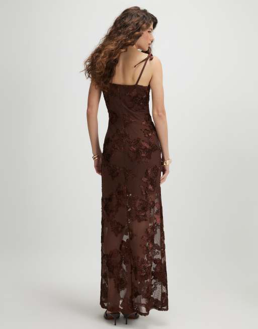 River Island - Vestito lungo marrone scuro a fiori ricamati, 3 di 4