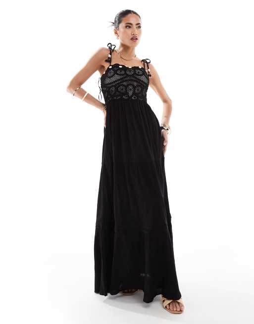 River Island - Vestito lungo nero  a balze con top all'uncinetto