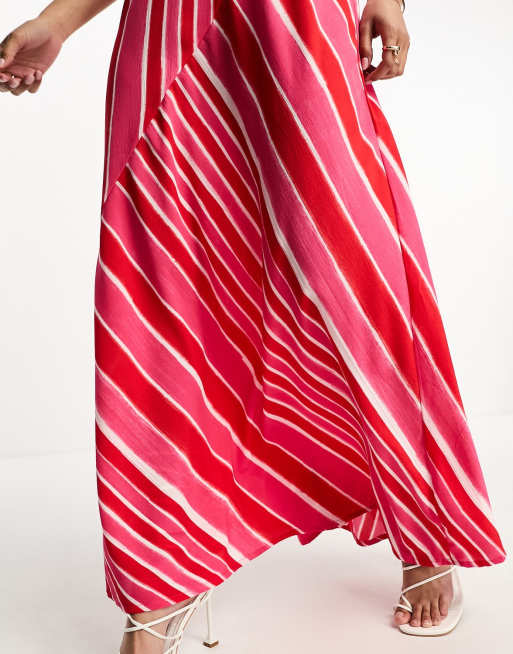 River Island - Vestito lungo rosa asimmetrico a righe con spalline sottili, 2 di 4