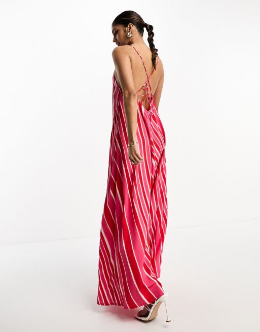 River Island - Vestito lungo rosa asimmetrico a righe con spalline sottili, 3 di 4