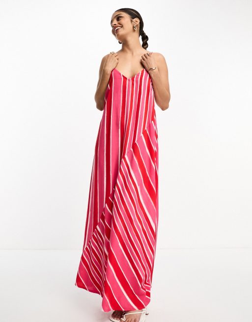 River Island - Vestito lungo rosa asimmetrico a righe con spalline sottili, 4 di 4