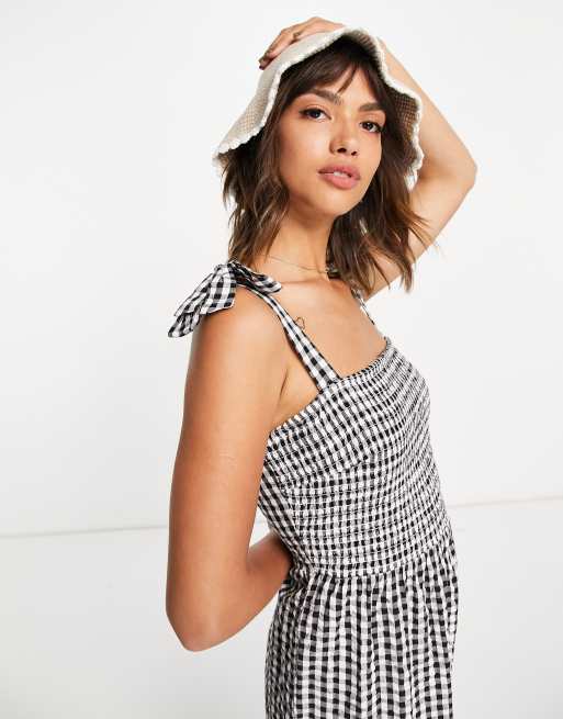 River Island - Vestito midi a balze colore blu navy a quadretti, 4 di 4