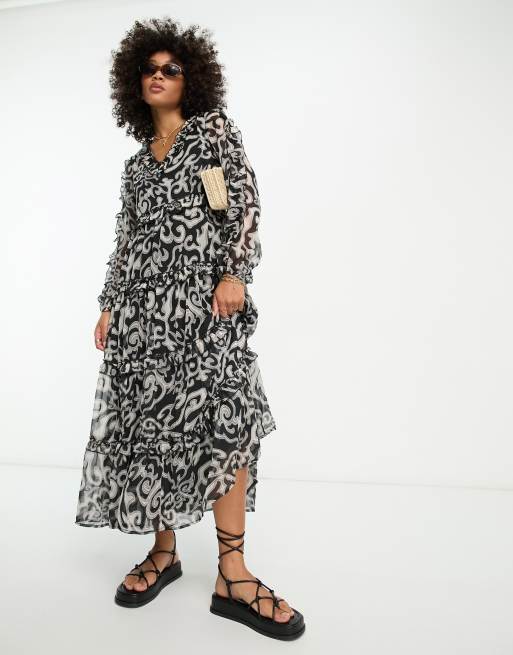 River Island - Vestito midi a balze con volant nero con stampa cachemire