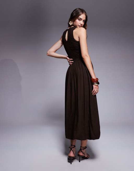 River Island Vestito midi a palloncino marrone scuro in lino ASOS