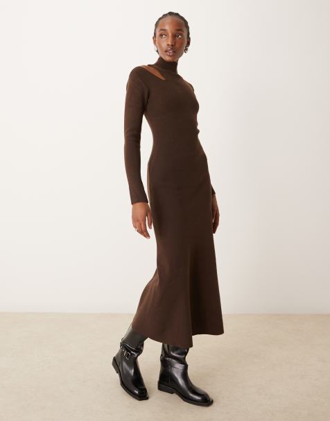 River Island - Vestito midi accollato marrone scuro con cut-out - view 1