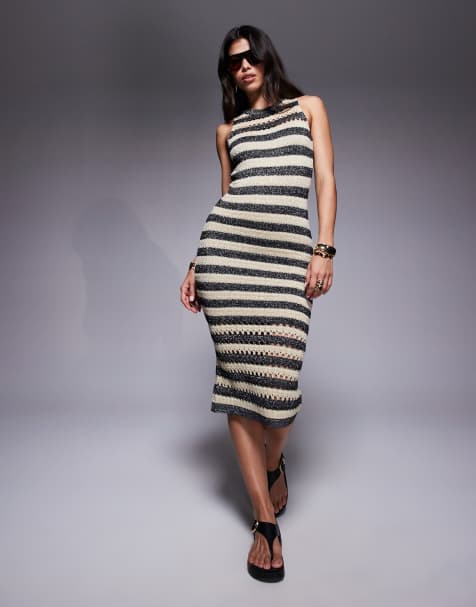 River Island - Vestito midi argento a righe all'uncinetto - view 1