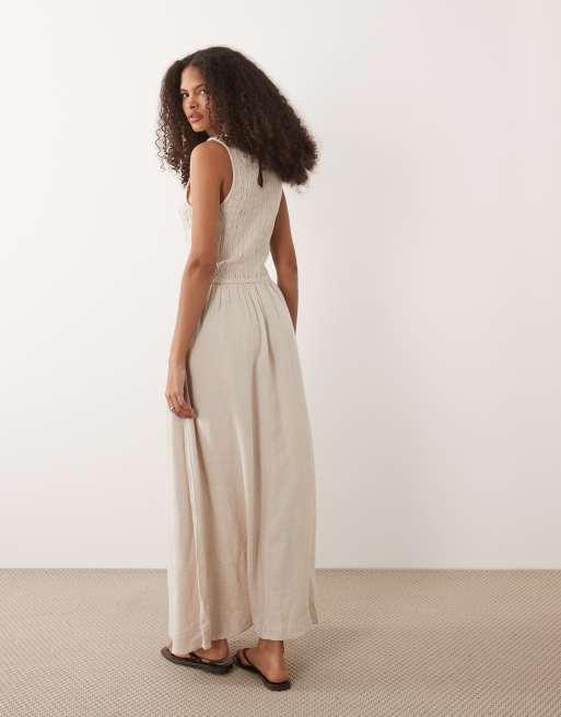 River Island - Vestito midi arricciato effetto lino color pietra, 3 di 4