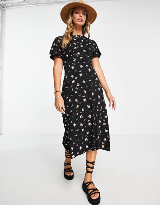 River Island - Vestito midi con maniche con volant nero a fiori, 4 di 4