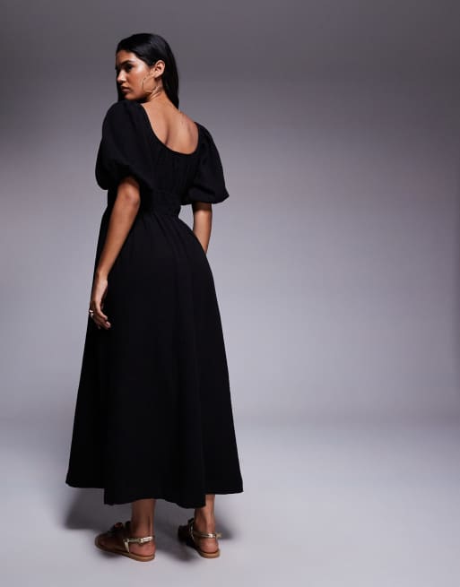 River Island - Vestito midi effetto lino nero con maniche a sbuffo, 4 di 4