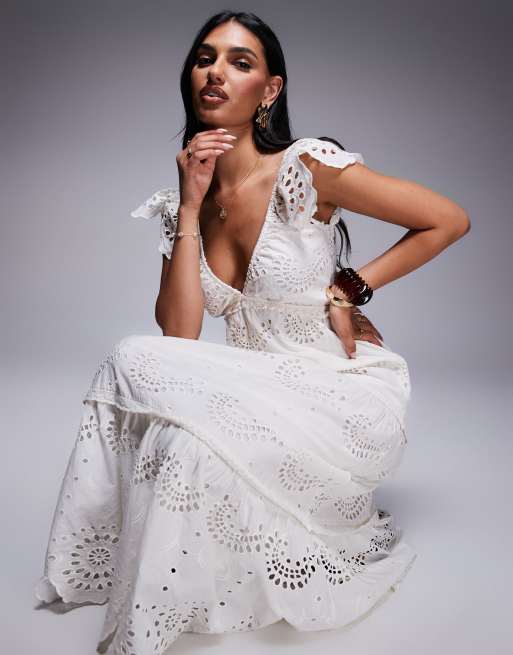 River Island Vestito midi in pizzo sangallo color crema ASOS