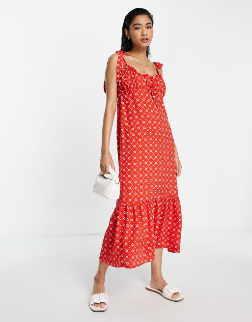 River Island - Vestito midi in raso rosso con stampa a fiori