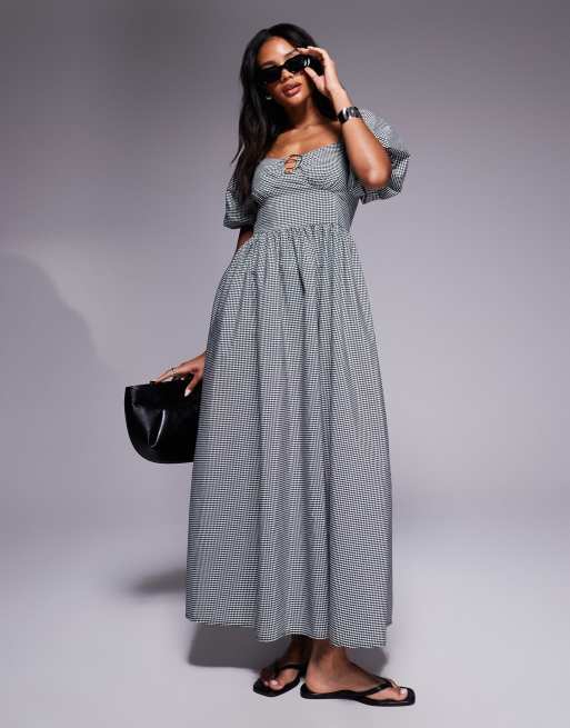 River Island - Vestito midi nero con maniche a sbuffo e finiture a quadretti 