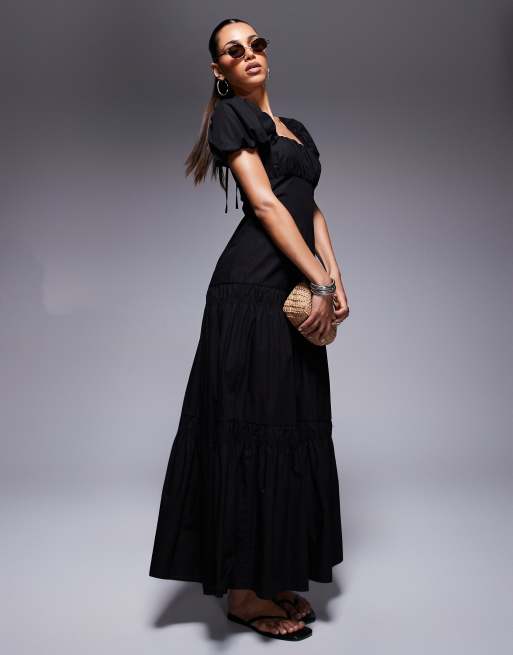 River Island - Vestito milkmaid midi nero con maniche a sbuffo, 3 di 4