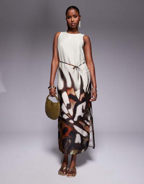River Island - Vestito sottoveste color crema con stampa a fiori e scollo a vogatore - view 1