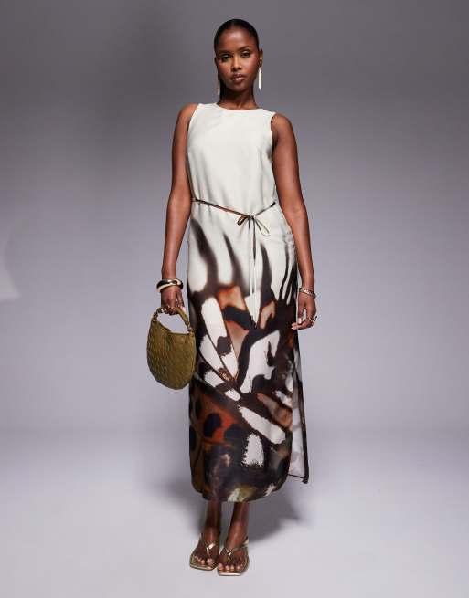 River Island - Vestito sottoveste color crema con stampa a fiori e scollo a vogatore 