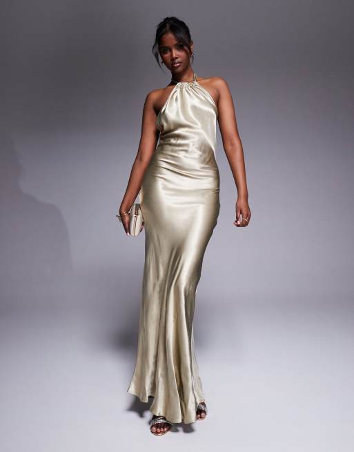 River Island - Vestito sottoveste lungo allacciato al collo color oro