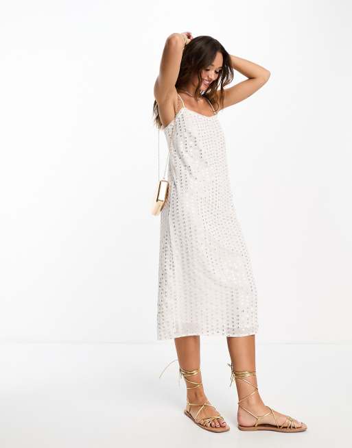 River Island - Vestito sottoveste midi bianco con paillettes